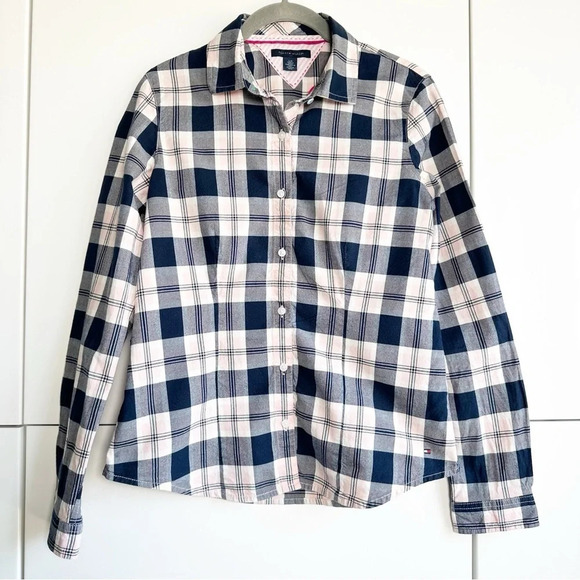 Tommy Hilfiger Plaid Button Front Shirt Size Small Pink Blue Contrasting Cuffs - Picture 2 of 9